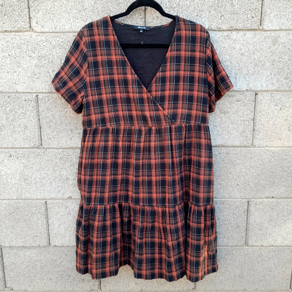 Madewell Plaid Faux-Wrap Short-Sleeve Tiered Mini Dress